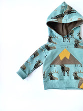 Load image into Gallery viewer, Vermont Kids Hoodie, Elk Hooded Grow with Me Sweatshirt Sizes 3-12M, French Terry Baby Sweatshirt

