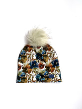 Load image into Gallery viewer, Adult Winter Hat with Snap on PomPom in Navy Winter Floral, Winter Beanie, Made in Vermont, Organic Hat
