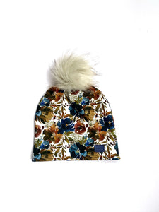 Adult Winter Hat with Snap on PomPom in Navy Winter Floral, Winter Beanie, Made in Vermont, Organic Hat