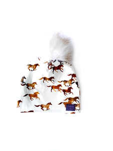 Horses on White Beanie, Winter Hat, Infant through Adult Sizes